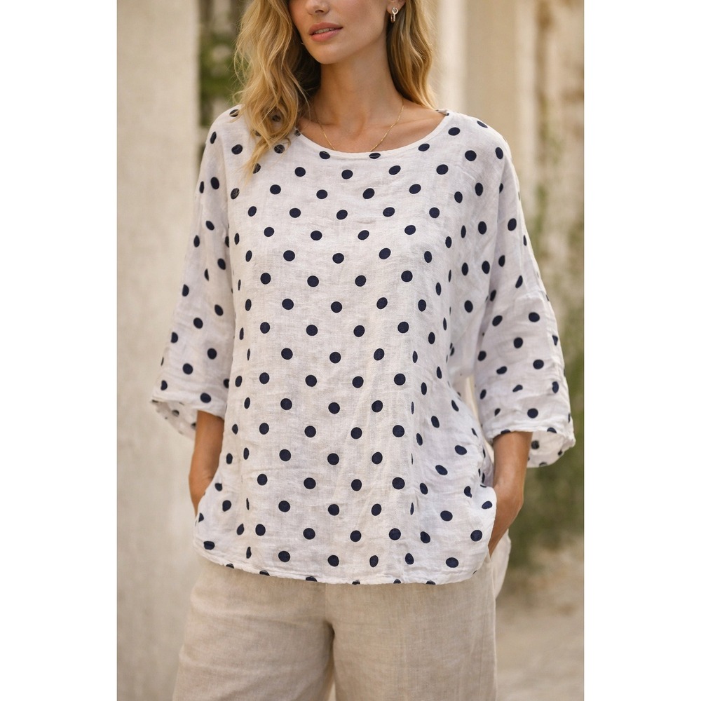 Puro Lino Italy Womens 100% Linen Polka Dot Oversized Blouse White Blue Top